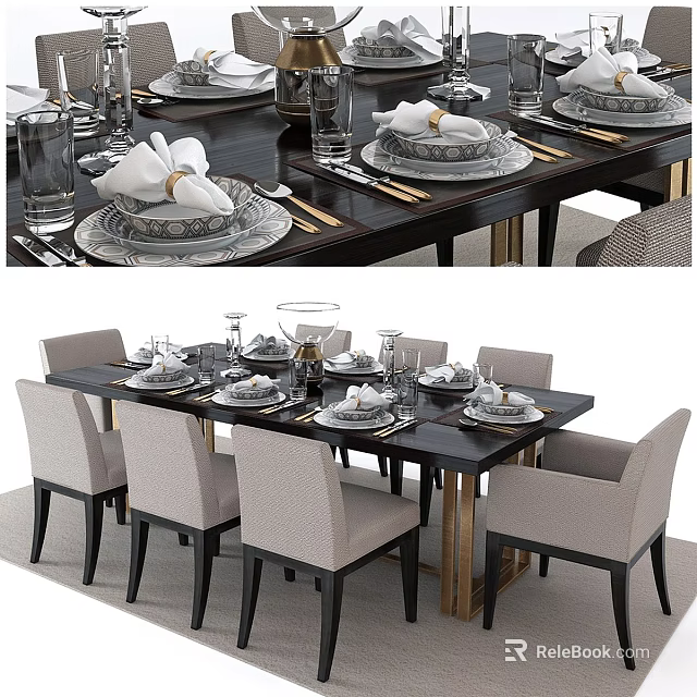 Stylish Dining Table Set With Black Table Beige Chairs Tableware And Wine Glasses 3d model 