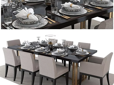 Stylish Dining Table Set With Black Table Beige Chairs Tableware And Wine Glasses 3d model