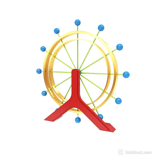 Colorful Ferris Wheel With Golden Rim Red Support And Blue Spheres 3d model 