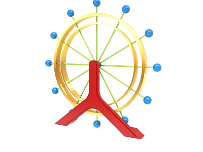 Colorful Ferris Wheel With Golden Rim Red Support And Blue Spheres 3d model