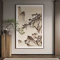 Chinese Landscape Painting Hanging In Room With Pine Tree And Wooden Cabinet Decor