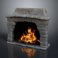 Rustic Stone Fireplace With Burning Flames And Natural Stone Interior Design 3d model