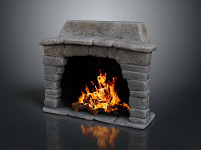 Rustic Stone Fireplace With Burning Flames And Natural Stone Interior Design 3d model