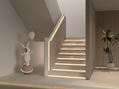 Modern Staircase With Built in Lighting And Decorative Rabbit Figurine In Minimalist Interior 3d model