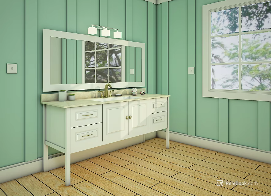 Light Green Wall Bathroom Vanity with White Cabinet Mirror and Wooden Floor Window 3d model 