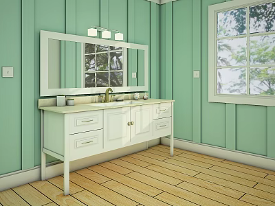 Light Green Wall Bathroom Vanity with White Cabinet Mirror and Wooden Floor Window 3d model