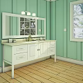Light Green Wall Bathroom Vanity with White Cabinet Mirror and Wooden Floor Window