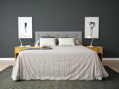 Double Bed With Gray Headboard Patterned Pillows Wooden Nightstands Table Lamps And Decorative Paintings 3d model