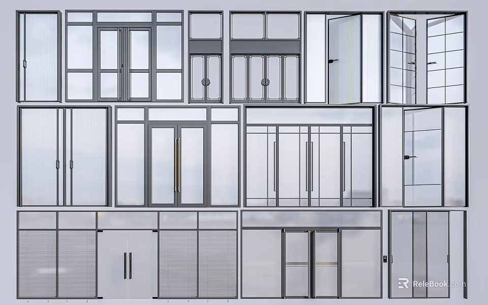 Various Styles of Modern Doors and Windows with Glass Panels and Metal Frames 3d model 
