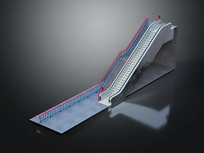 Modern Escalator Structure Design With Metal Steps Red Blue Handrails Concrete Side Walls And Platform 3d model