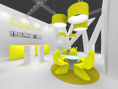 Modern Exhibition Space With Yellow Pendant Lights Chairs And Logo On White Walls 3d model