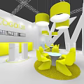 Modern Exhibition Space With Yellow Pendant Lights Chairs And Logo On White Walls