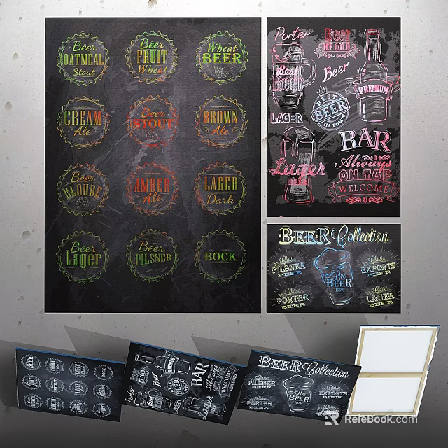 Vintage Beer Labels Chalkboard Artwork With Lager Bock For Bar Decor Collection 3d model 