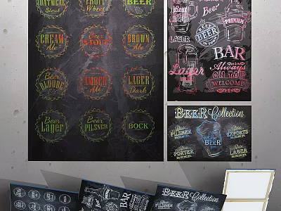 Vintage Beer Labels Chalkboard Artwork With Lager Bock For Bar Decor Collection 3d model