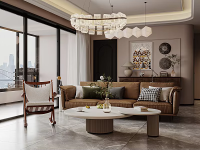 Stylish Modern Living Room Interior With Brown Sofa Chandelier Round Coffee Table And Decorative Paintings 3d model