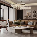 Stylish Modern Living Room Interior With Brown Sofa Chandelier Round Coffee Table And Decorative Paintings