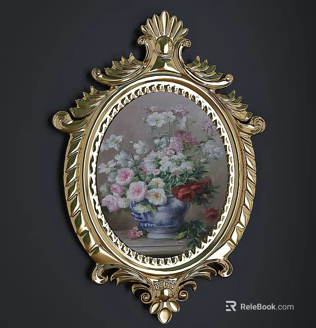 Oval Gold Frame With Ornate Carved Border And Blue Vase Pink White Red Flowers Painting 3d model 