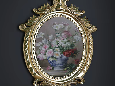 Oval Gold Frame With Ornate Carved Border And Blue Vase Pink White Red Flowers Painting 3d model