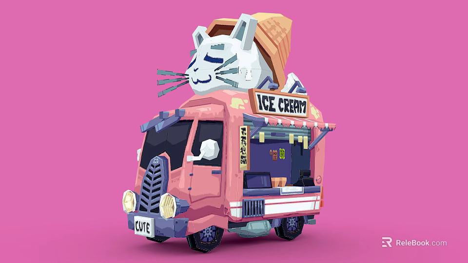 Pink Ice Cream Truck With Cone And Cartoon Cat On Top And Love Milk Design 3d model 