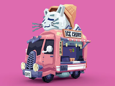 Pink Ice Cream Truck With Cone And Cartoon Cat On Top And Love Milk Design 3d model