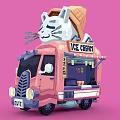 Pink Ice Cream Truck With Cone And Cartoon Cat On Top And Love Milk Design