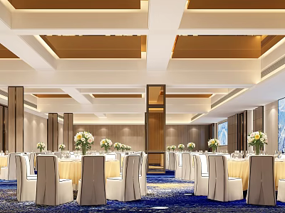 Elegant Modern Banquet Hall With Well Arranged Tables Chairs And Floral Centerpieces 3d model