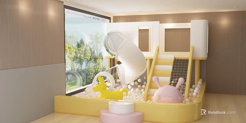 Indoor Kids Playground Equipment With Yellow Ball Pool White Slide Rocking Horse And Pink Rabbit Toy 3d model 