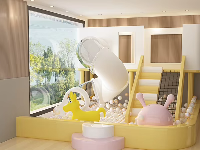 Indoor Kids Playground Equipment With Yellow Ball Pool White Slide Rocking Horse And Pink Rabbit Toy 3d model