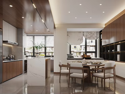 Modern Dining Living Room Interior With Wooden Cabinets Marble Table And Lighting Fixtures 3d model