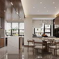 Modern Dining Living Room Interior With Wooden Cabinets Marble Table And Lighting Fixtures