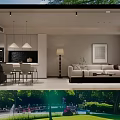Modern Living and Dining Room Interior With TV Dining Table Chairs and Hanging Lights