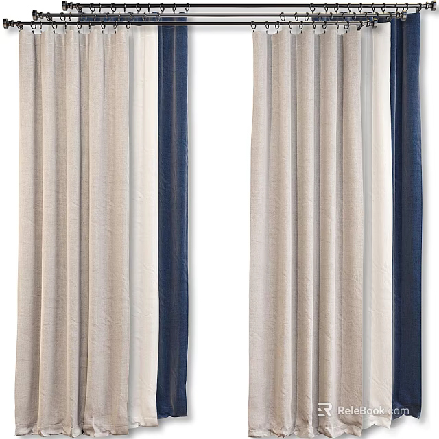 Stylish Window Curtains With Beige And Navy Blue Striped Fabric Soft Drape 3d model 