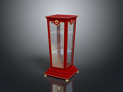 Red Display Cabinet With Glass Doors Gold Accents Shelves And Gold Feet 3d model
