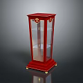 Red Display Cabinet With Glass Doors Gold Accents Shelves And Gold Feet