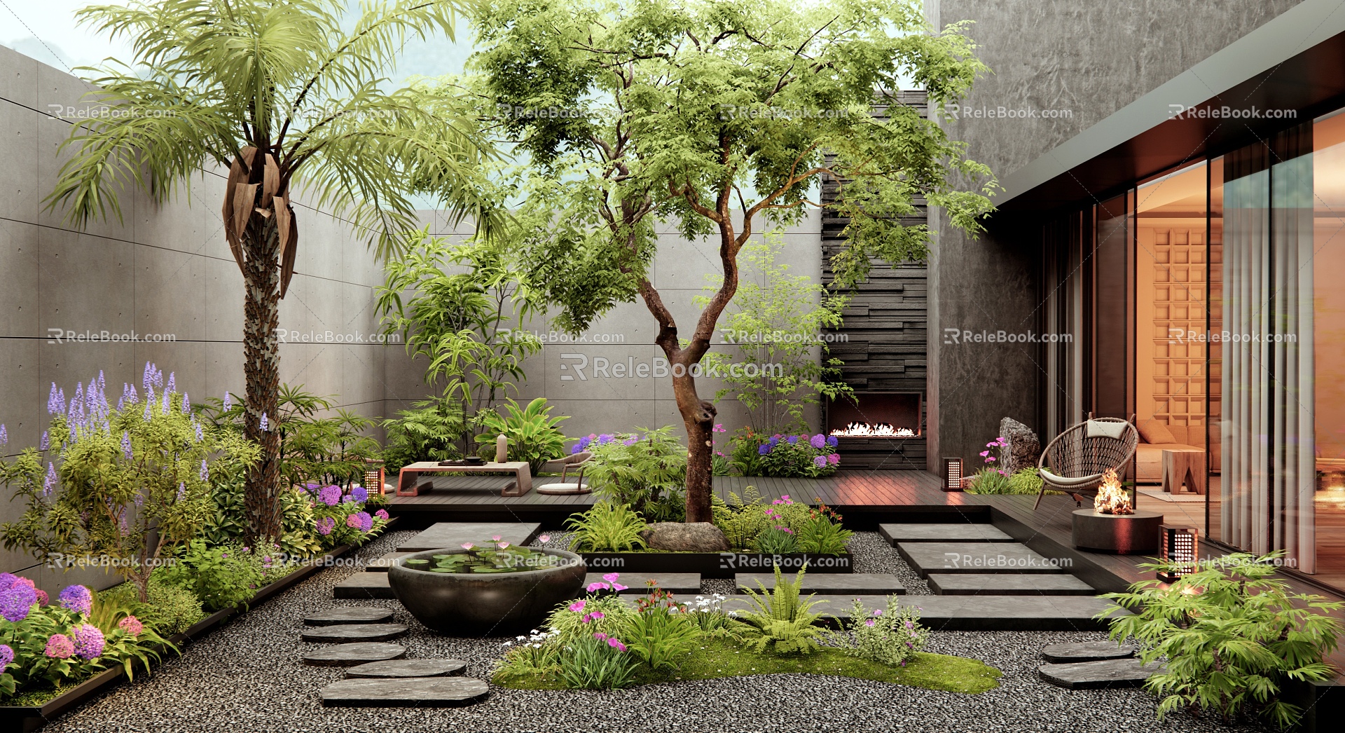 Modern Villa Courtyard Garden Plant Landscaping Flowers and Plants Landscape Trees Plant Landscape Tingbu Water Pot Waterscape Plant Combination 3d model