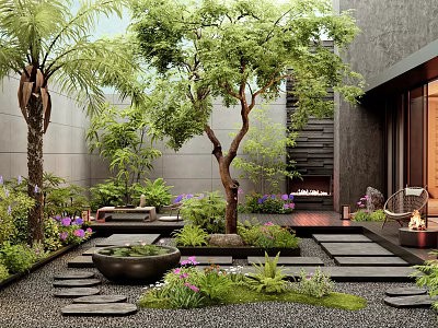 Modern Garden Design With Trees Stone Pathway Water Feature Colorful Flowers Modern Walls And Fireplace 3d model