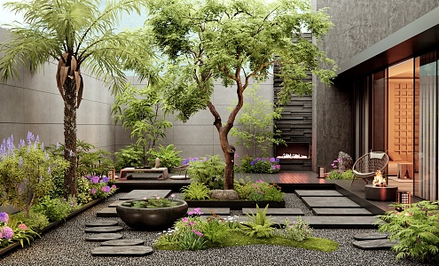 Modern Villa Courtyard Garden Plant Landscaping Flowers and Plants Landscape Trees Plant Landscape Tingbu Water Pot Waterscape Plant Combination 3d model