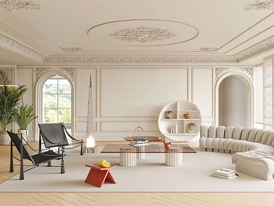 Luxurious Living Room Interior With Arched Windows Elegant Ceiling Moldings Curved Sofa And Black Chairs 3d model