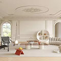 Luxurious Living Room Interior With Arched Windows Elegant Ceiling Moldings Curved Sofa And Black Chairs