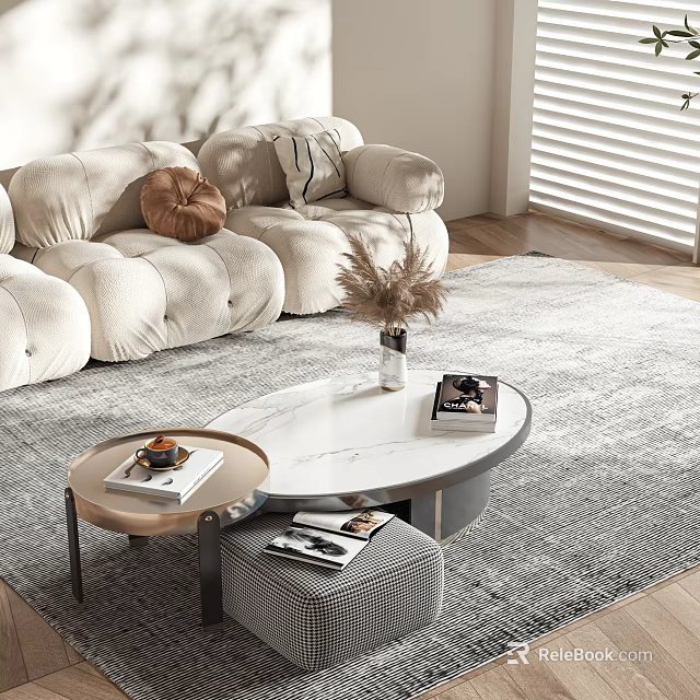 Marble Top Coffee Table In Modern Living Room With Velvet Sofa Gray Rug And Vase 3d model 