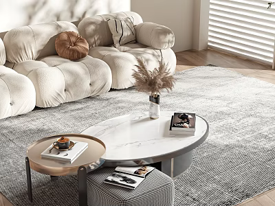Marble Top Coffee Table In Modern Living Room With Velvet Sofa Gray Rug And Vase 3d model