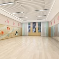 Spacious Modern Ballroom Interior With Wooden Floor Posters On Walls And Ceiling Lighting