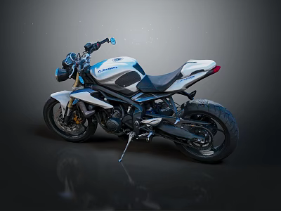 Modern Sports Motorcycle With White And Blue Body Black Seat And Alloy Wheels 3d model