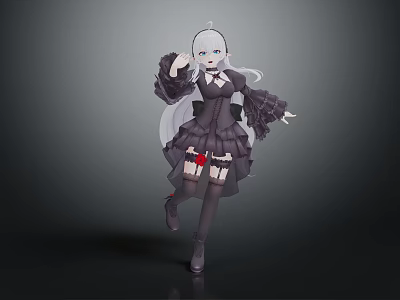 Game Anime Character With White Hair Black Dress Red Accents Dynamic Pose 3d model
