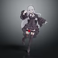 Game Anime Character With White Hair Black Dress Red Accents Dynamic Pose