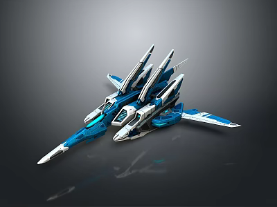 Futuristic Blue And White Aircraft Model With Sleek Design And Multiple Wings 3d model