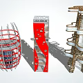 Modern Roadside Facilities With Architectural Red Silver Spiral Metal Stone Structures 3d model