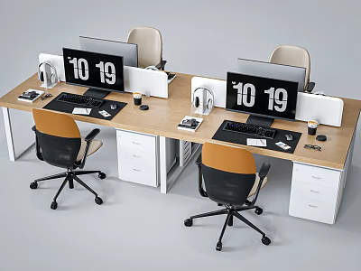 Modern Double Workstation Office Desk With Computer Monitors Digital Clock Headphones And Chairs 3d model