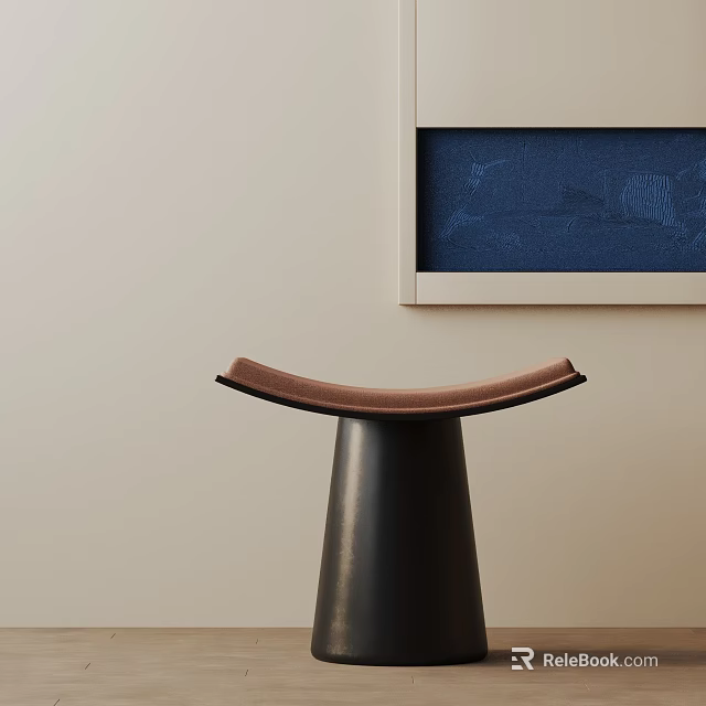 Black Conical Base Side Table with Curved Brown Cushion and Light Wall Blue Pattern Art 3d model