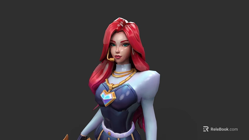 Game Movie Character With Red Pink Long Hair Blue Top And Gold Necklace Design 3d model 